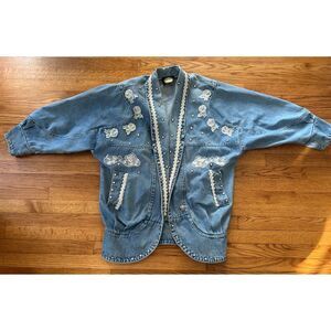 Vintage Retro 80s Jean Denim Jacket Oversized Embellished Gaudy Boho Beaded L/XL